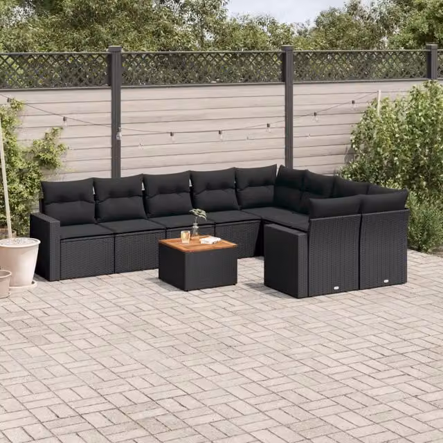 Set Divani da Giardino 10pz con Cuscini in Polyrattan Nero 3256608