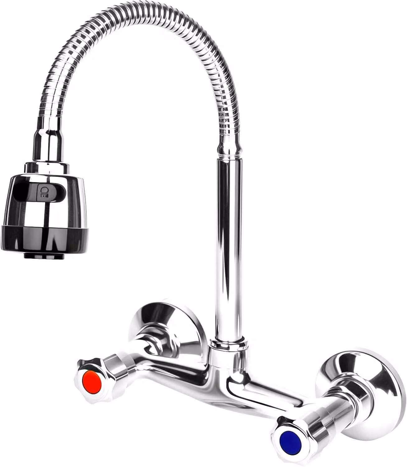 Rubinetto a due maniglie da parete in ottone - Miscelatore girevole a 360° per lavabo - Selettore acqua calda e fredda - Miscelatore da parete per lavello da cucina - 2 modalità di scarico dell'acqua
