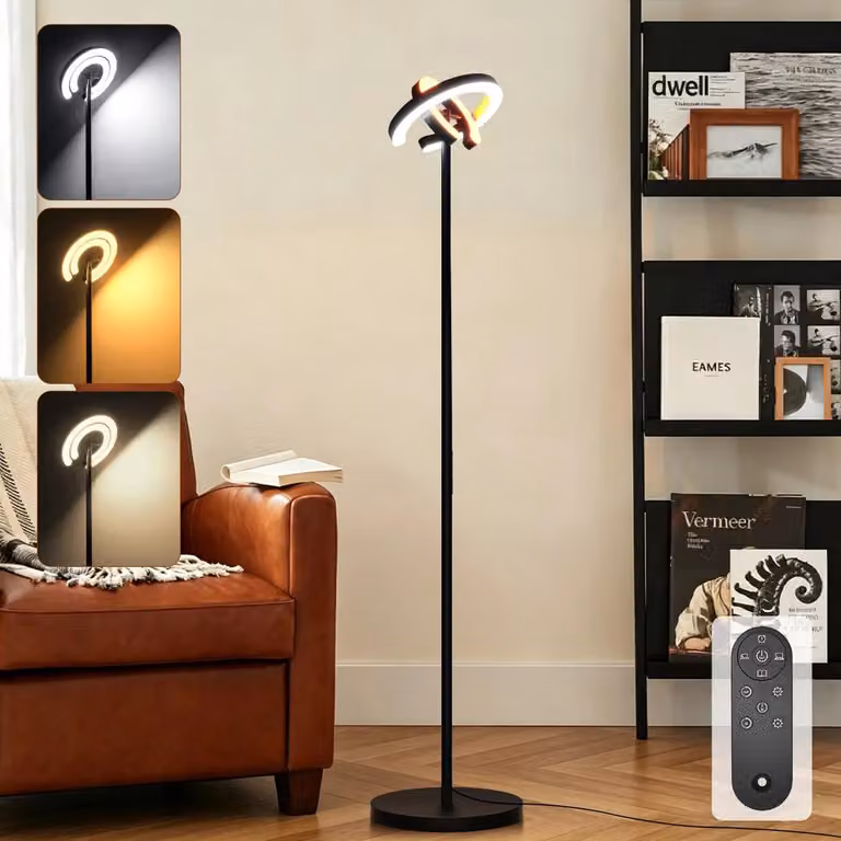 Lampada da terra a LED con due anelli – Controllo touch e tramite telecomando – Dimmeraggio continuo – Anelli interni ed esterni controllabili separatamente – Inclinazione di 330° – Spina EU, 220–240 V