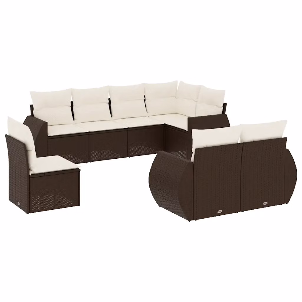 Set di divani da giardino vidaXL a forma di L composto da 8 pezzi in polyrattan marrone con cuscini bianchi e coperture rimovibili – 2