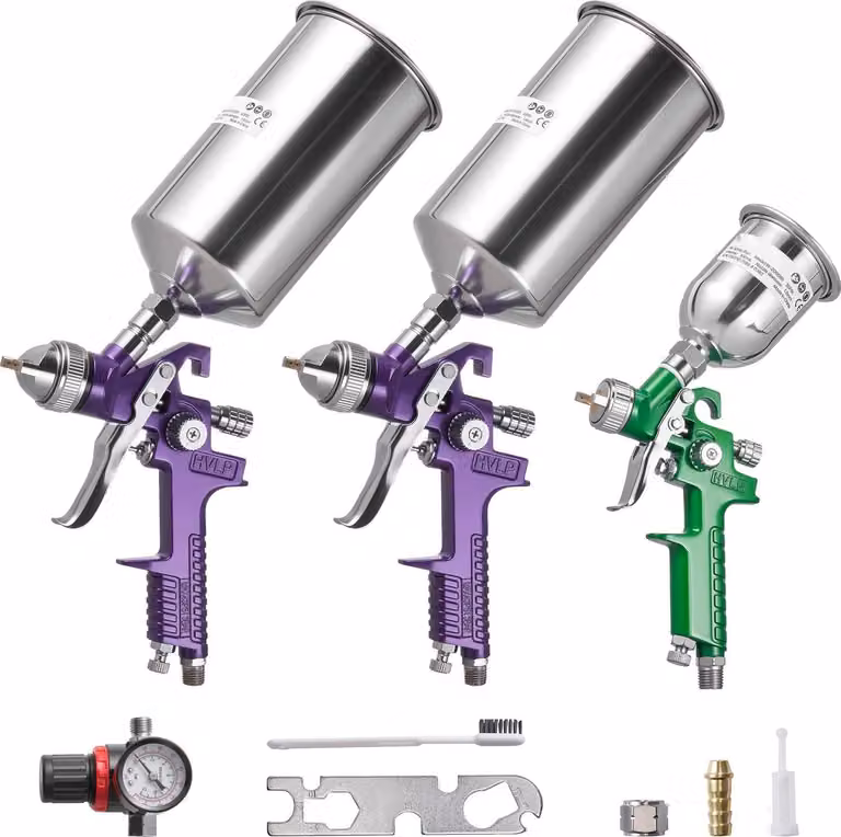 Set di pistole a spruzzo per vernici - Pistola a spruzzo per verniciatura a gravità 3 pezzi - 3 ugelli da 1,0/1,4/1,8 mm - 3 tazze - Regolatore d'aria - Per vernice per auto, primer e vernice di finitura