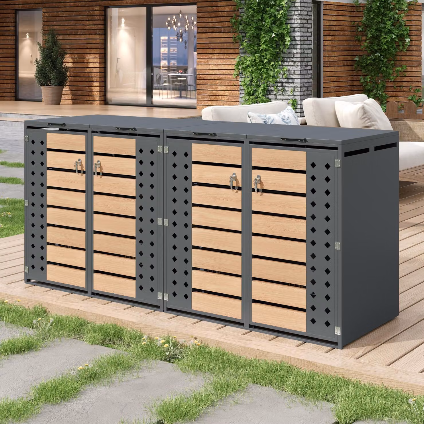 Flieks, box per bidoni della spazzatura (2 pezzi), armadietto per bidoni con coperchio ribaltabile, copertura per bidoni con serratura per 4 bidoni da 120–240 L, 264 x 80 x 118,5 cm, grigio