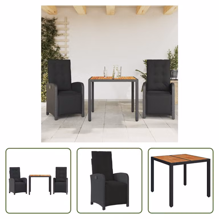 The Living Store Set bistrot 3 pezzi con cuscini in poly rattan nero