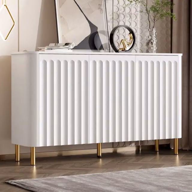Sideboard moderno in MDF bianco opaco con 3 ante senza maniglie L: 135 cm, P: 36 cm, H: 78 cm