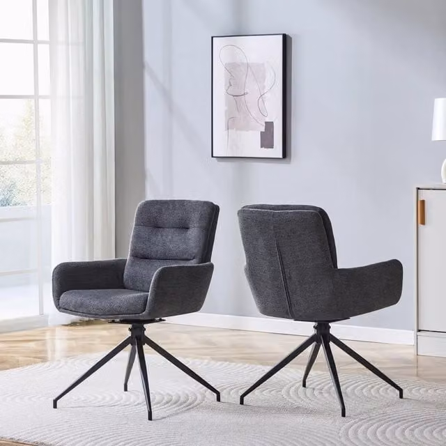 Sedia da sala da pranzo girevole 360 OKWISH con schienale imbottito e braccioli in tessuto grigio e nero con base in metallo nero opaco