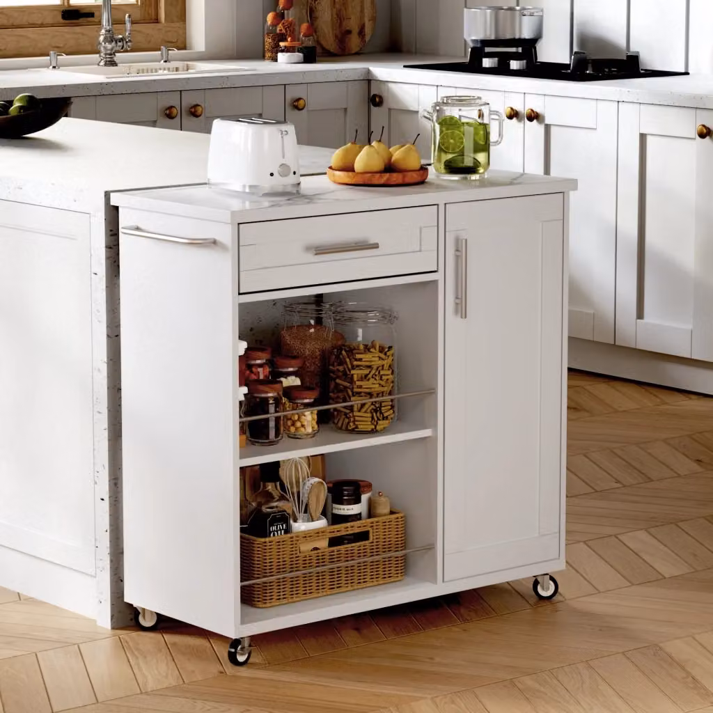 Carrello da Cucina MINIMAL Bianco con Piano Effetto Marmo, Cassetto e Ripiani, L 90 cm x P 62 cm x H 90 cm – 2