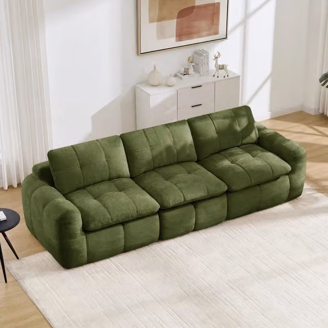 Divano modulare 3 posti con cuscini ergonomici e design trapuntato in ciniglia verde senza montaggio 264 × 97 × 68 cm
