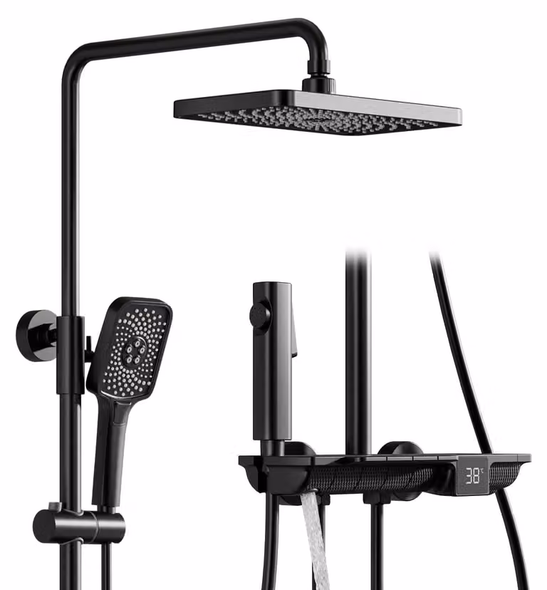 Sistema doccia 4-in-1, soffione a pioggia 300x180 mm, doccetta manuale, erogatore a mano, colore nero