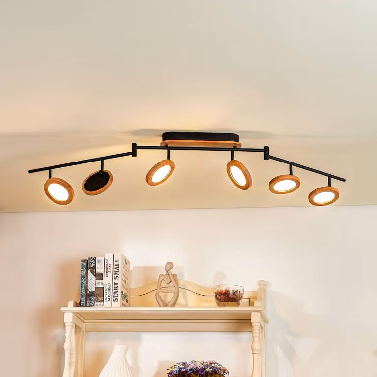 Faretto LED Lindby Manel, legno, lunghezza 152 cm, a 6 luci Manel Lindby, dimmerabile, Legno chiaro, Soggiorno / Sala da pranzo, Metallo, Campagna / Rustiche
