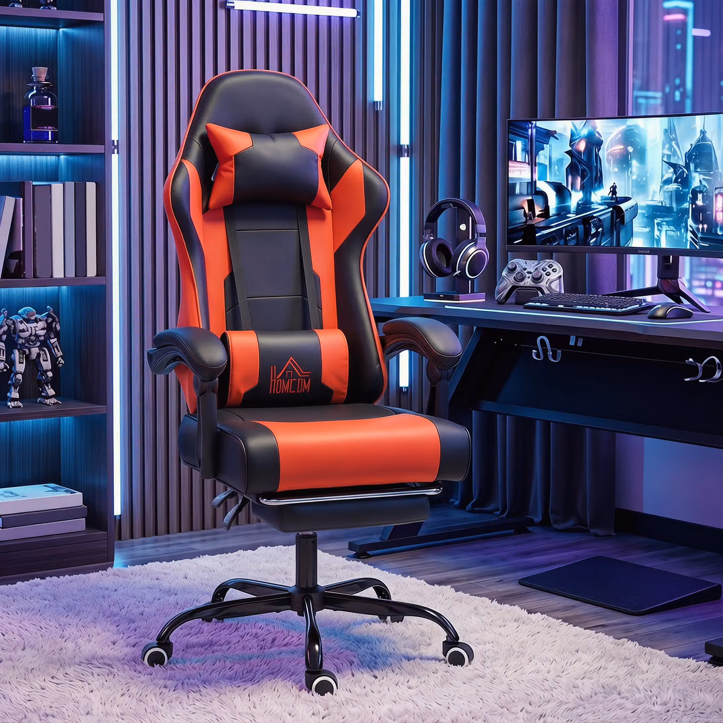 Sedia Gaming HOMCOM Rossa con Massaggio Lombare a Vibrazione, Reclinabile 155°, con Poggiatesta e Poggiapiedi Retrattile e Altezza Regolabile – 2