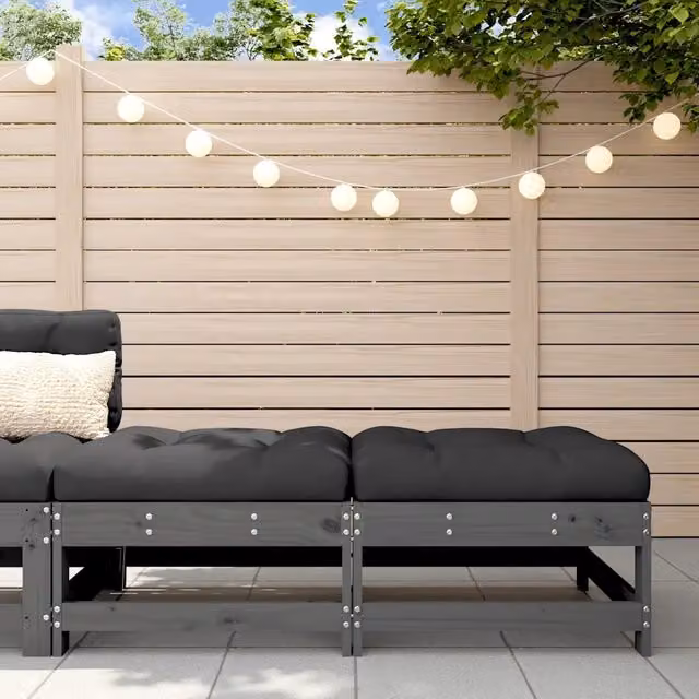 Set di 2 poggiapiedi da giardino vidaXL in legno di pino con cuscini grigi e neri – 1