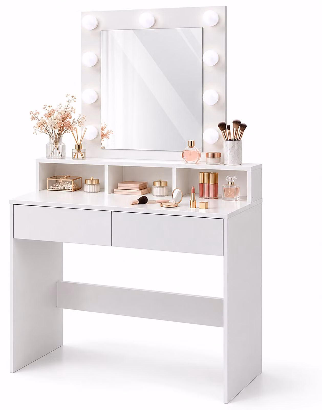 Tavolino da trucco Relaxdays con specchio "Hollywood", illuminazione, 2 cassetti, dimensioni: 140 x 80 x 40 cm, tavolino da toeletta, bianco