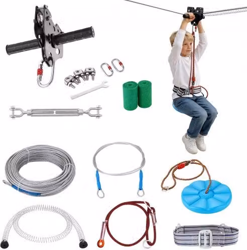 VEVOR Kit Teleferica Zipline da 24,38 m multicolore con corda scivolo, corrimano e seduta, carico massimo 149 kg, ideale per adolescenti in giardino o parchi