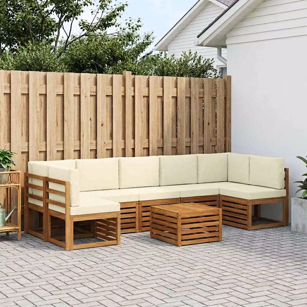 Set di divani da esterno vidaXL a forma di U in legno di acacia con cuscini, 8 pezzi, Marrone, Beige e Bianco