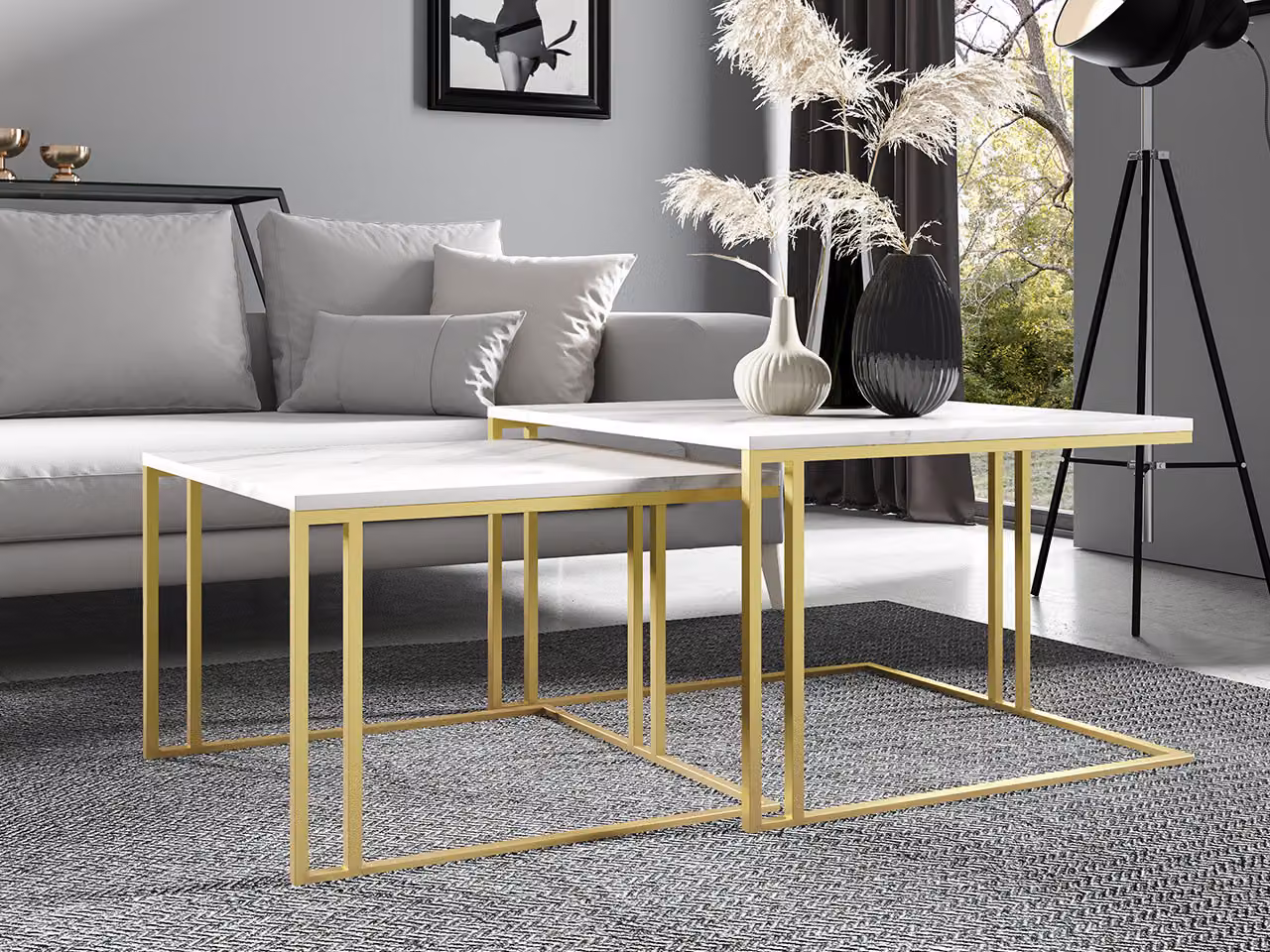 Set di 2 tavolini da caffè PTYSIA - marmo oro / bianco