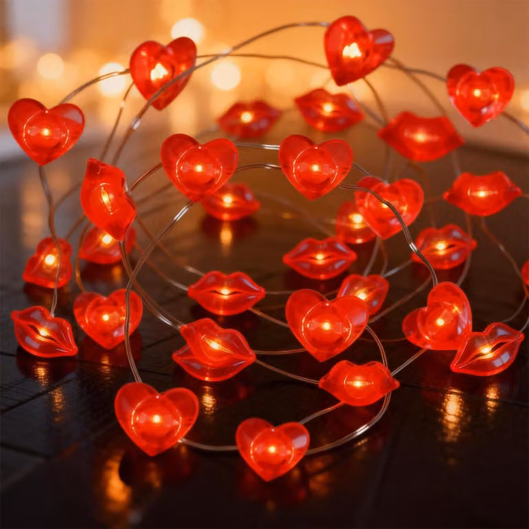 Catena luminosa con cuori e labbra, 3 metri, 30 LED, alimentata a batteria