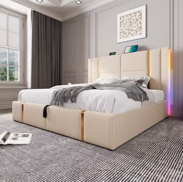 Letto imbottito ULEVR 140x200 cm beige con contenitore, LED RGB, USB e USB-C, rivestimento effetto lino