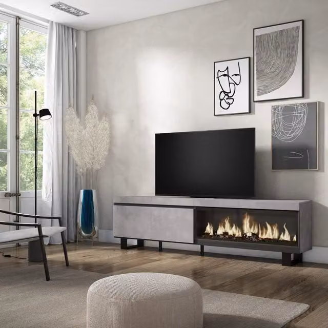 Mobile TV Soggiorno, 208x35x57cm, Per TV fino a 80", Camino elettrico XXL, Design industriale, grigio cemento RF3212