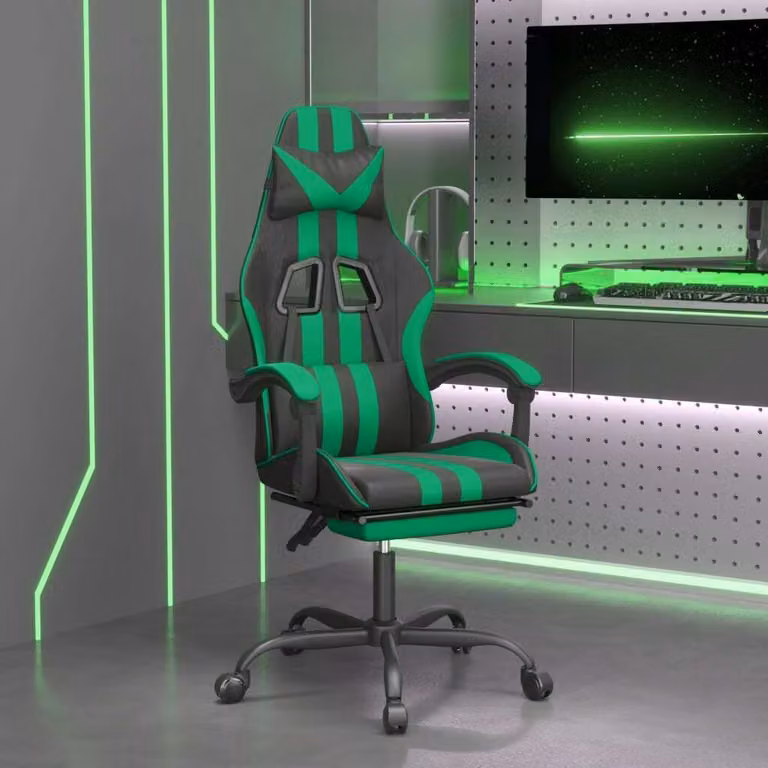 The Living Store Sedia da gioco con poggiapiedi in ecopelle nera e verde