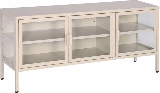 Mobile TV industriale Sweeek in metallo e vetro temperato con 3 ante, beige, L: 120 cm, P: 35 cm, H: 55 cm