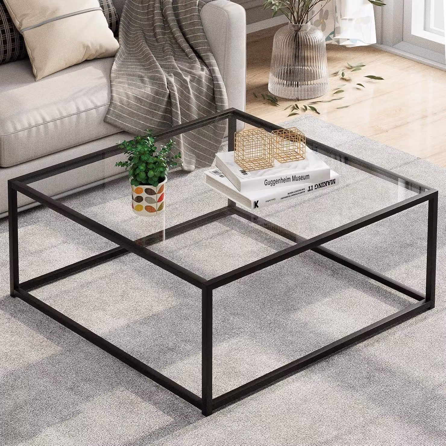 Tavolino quadrato in vetro nero Tavolino in vetro 67x67x40 cm