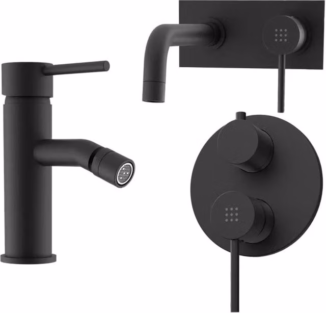 Set di miscelatori Parama Ava in ottone nero opaco per lavabo ad incasso, bidet senza scarico e doccia con deviatore