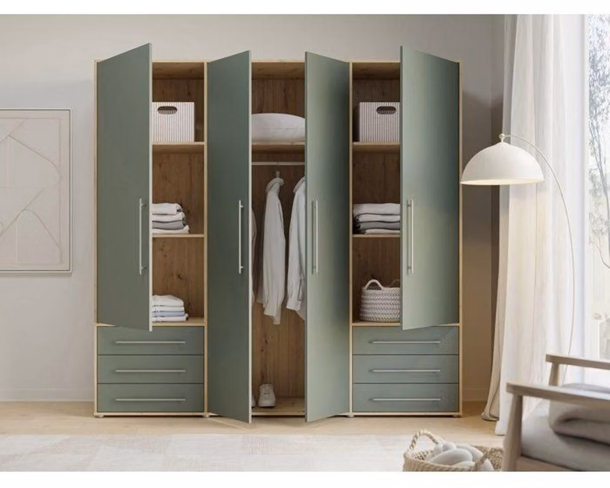 Armadio da camera - MOKKARO - Decorazione Verde Salvia e Rovere - 4 ante battenti - 6 cassetti - L205,9 x P53 x H200 cm