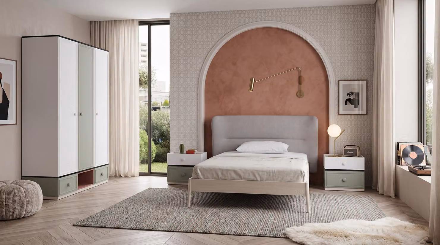 Letto, armadio e comodini in stile moderno, adatti a una camera da letto per giovani, in tonalità grigie ed eleganti