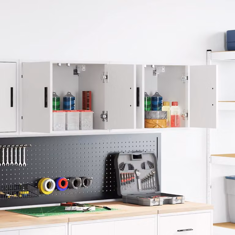 Set di 2 pensili da garage vidaXL in legno multistrato bianco con ante a battente e ripiani interni