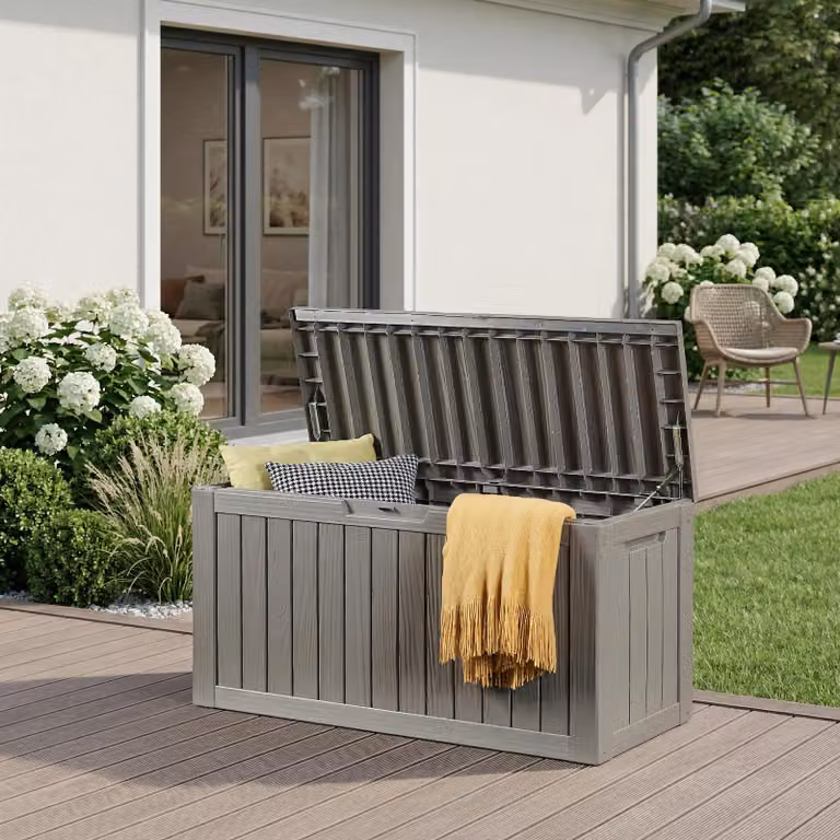 Contenitore da esterno "Vades" 117 x 47 x 59 cm, 300 L, con serratura, grigio chiaro, effetto legno