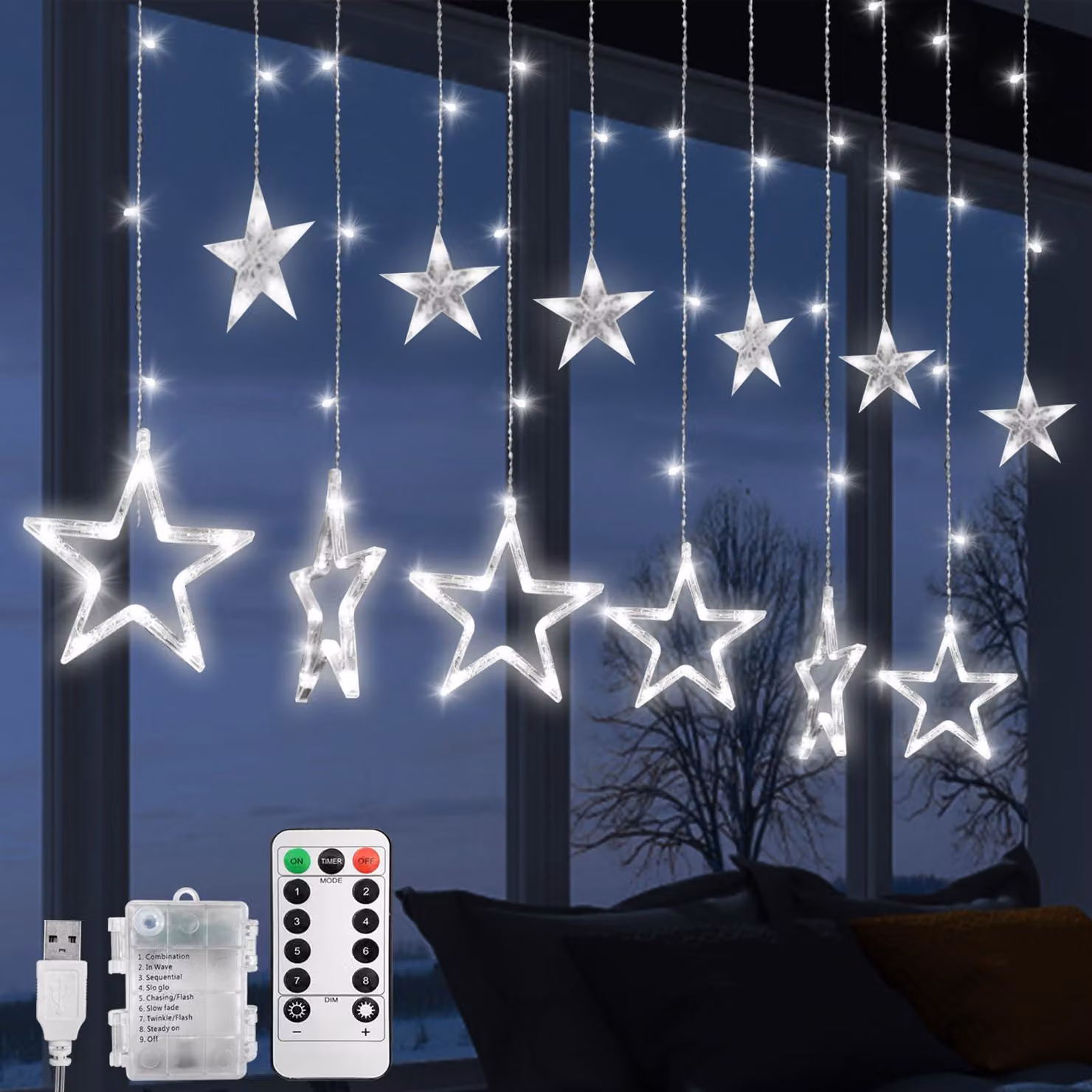 Catena luminosa con 138 LED, 12 stelle, lunghezza 2,5 metri, luce bianca fredda, grado di protezione IP65