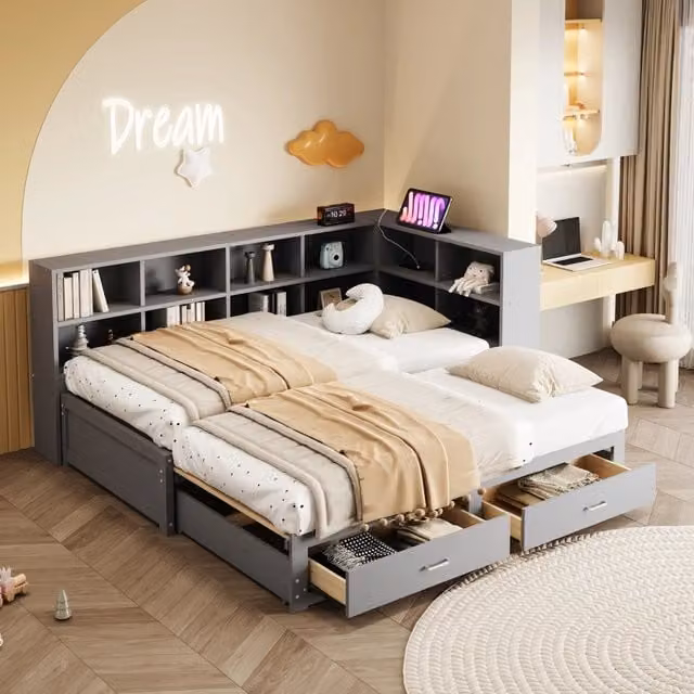Letto Mivray trasformabile con contenitore, cassetti, mensola e porta USB, colore grigio, L/P/H: 180 x 190 x 120 cm