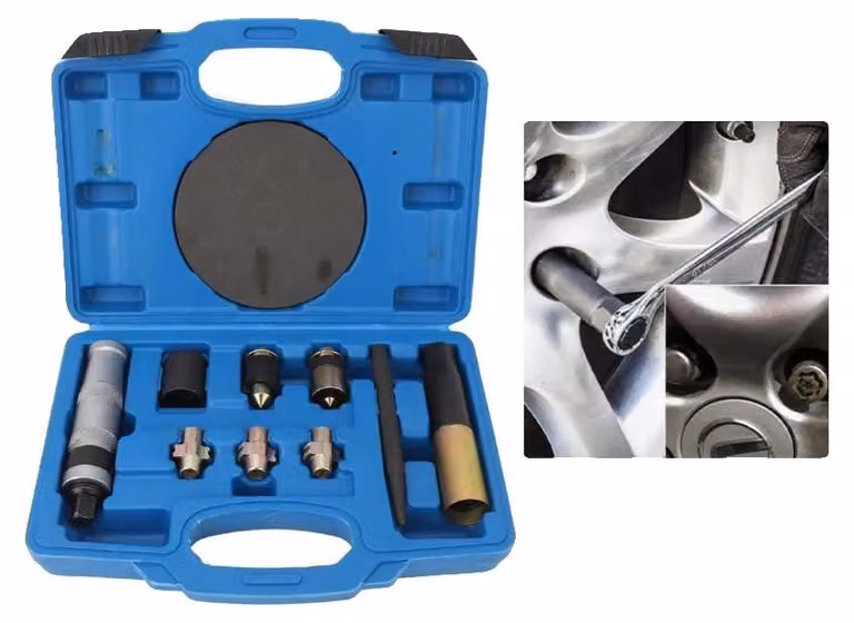 Set di strumenti per la rimozione di dadi di bulloni a testa radiale, realizzato in acciaio AISI 1045, include un dado per avvitatore a impulsi da 24 mm, diverse tipologie di lame, compatibilità universale e una protezione in acciaio