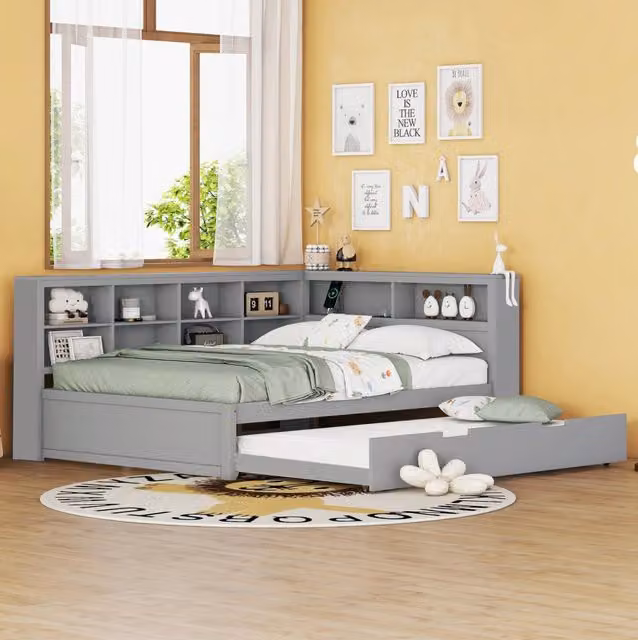 Divano letto multifunzionale in legno massiccio grigio 140x200 cm con letto estraibile 90x190 cm e presa USB