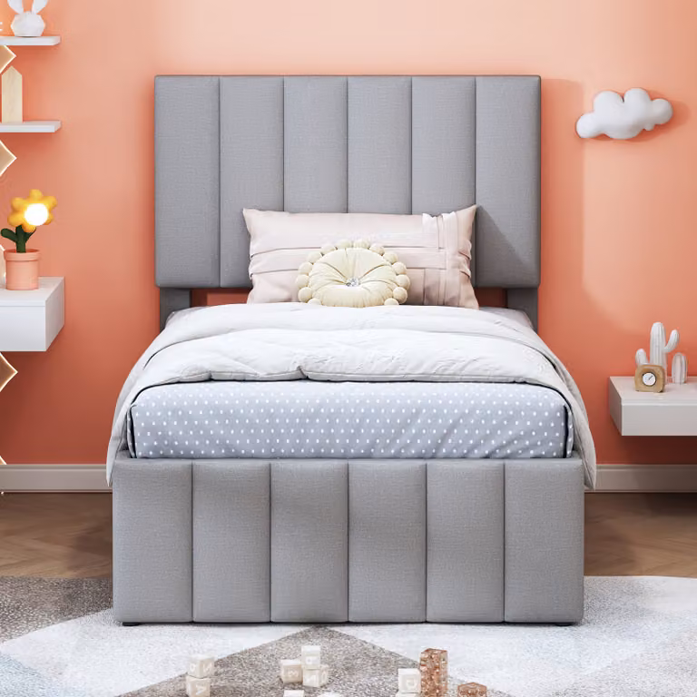 okwish Letto imbottito 90 x 200 cm con letto estraibile e 3 cassetti, Lino, Grigio