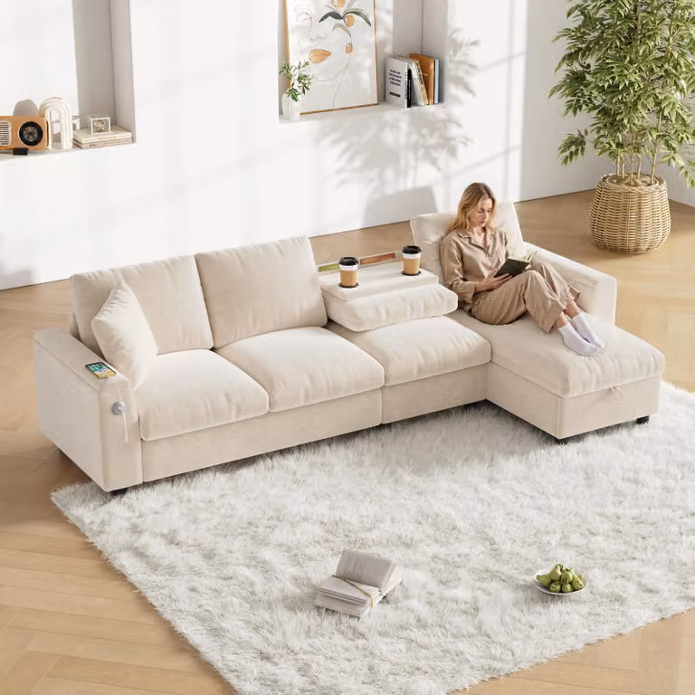 Divano angolare a L Merax con funzione sleep, box letto, porta di ricarica USB e type-C, tavolino con portabicchieri, divano in ciniglia, divano, beige