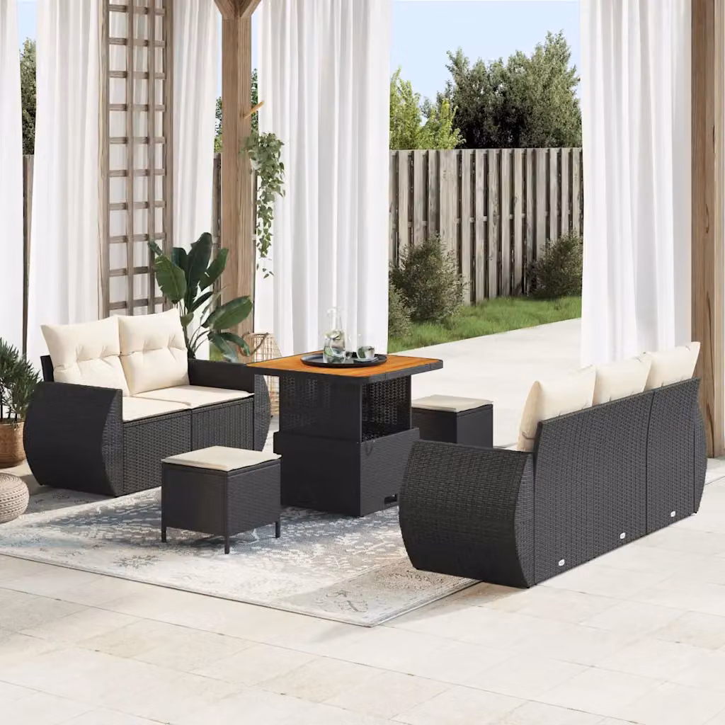 Set Divano da Giardino vidaXL 8 Pezzi con Tavolino e Pouf Nero e Beige – 1
