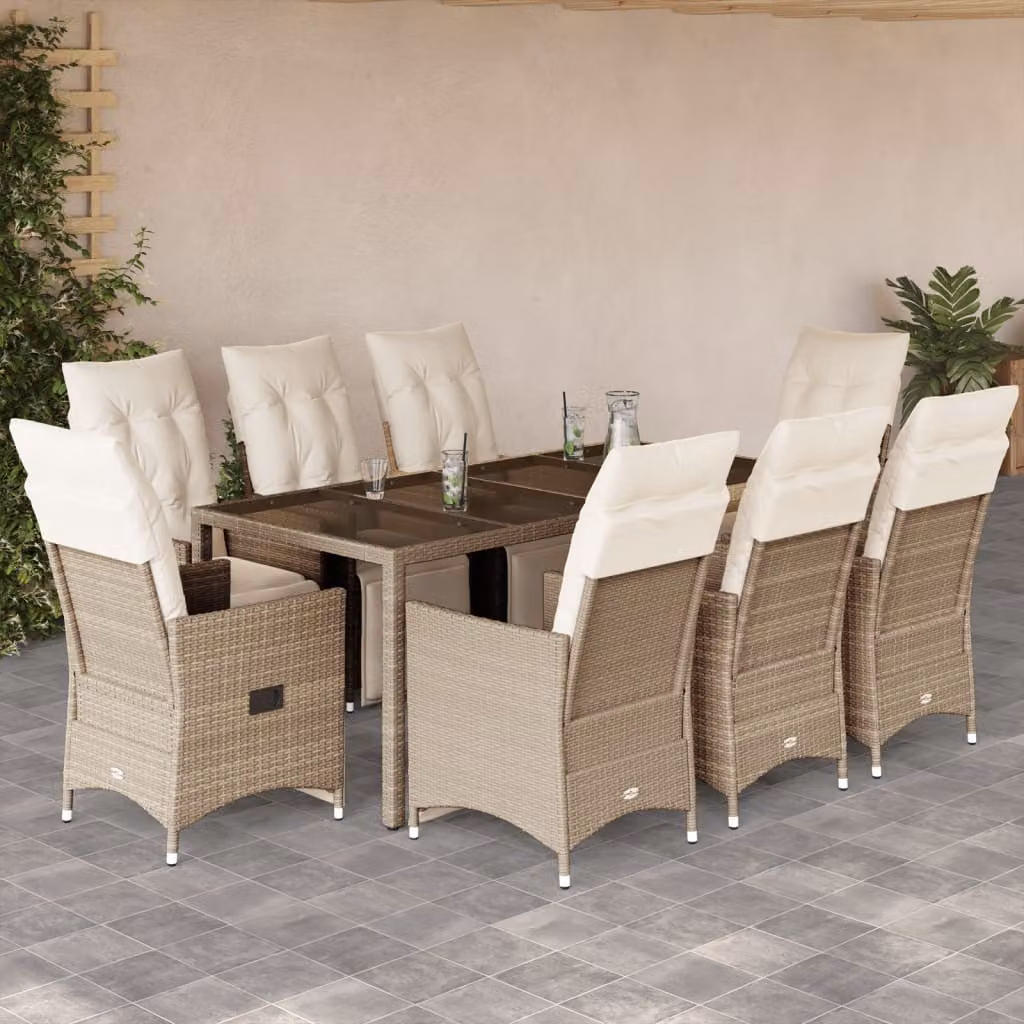 Set da Bistrò da Giardino vidaXL 9 pz in Polyrattan con Cuscini Beige e Bianco – 1