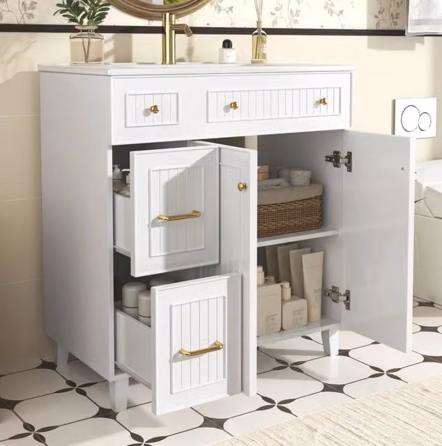 Mobile bagno freestanding ULEVR con lavabo in ceramica, cassetti e anta, MDF laccato bianco
