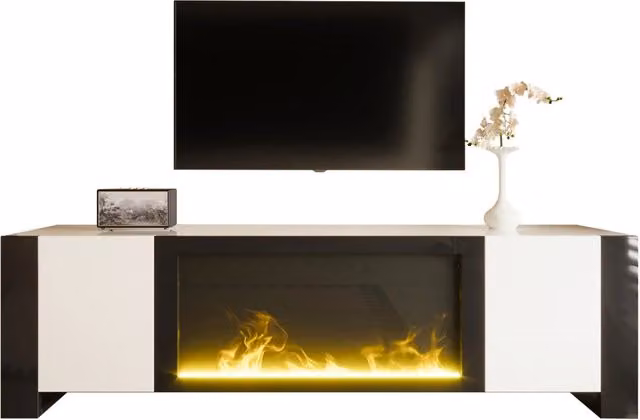 Mobile TV Lowboard con camino elettrico effetto fiamma, senza funzione riscaldamento, finitura lucida, colore abbinato