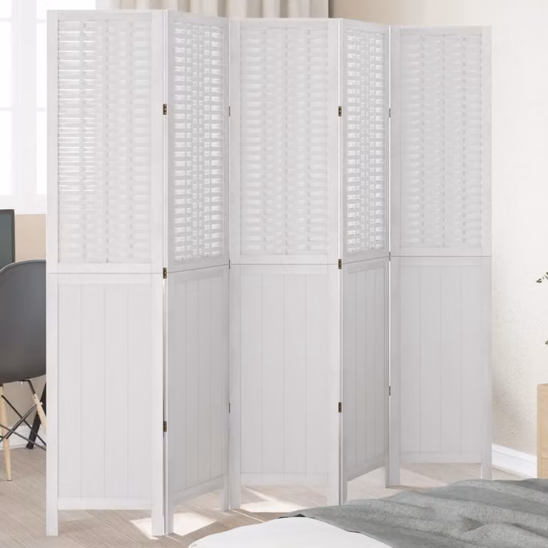 Divisorio Ambienti vidaXL a 5 Pannelli in Legno di Paulownia e Rattan Bianco H: 175 cm, L: 200 cm