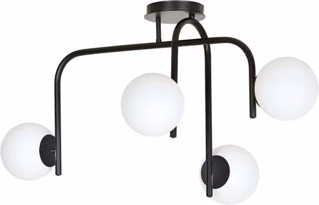 Lampadario a sospensione Ramachandra Luceart-Classic con 4 luci a bracci in acciaio nero e sfere in vetro opalino bianco – 1