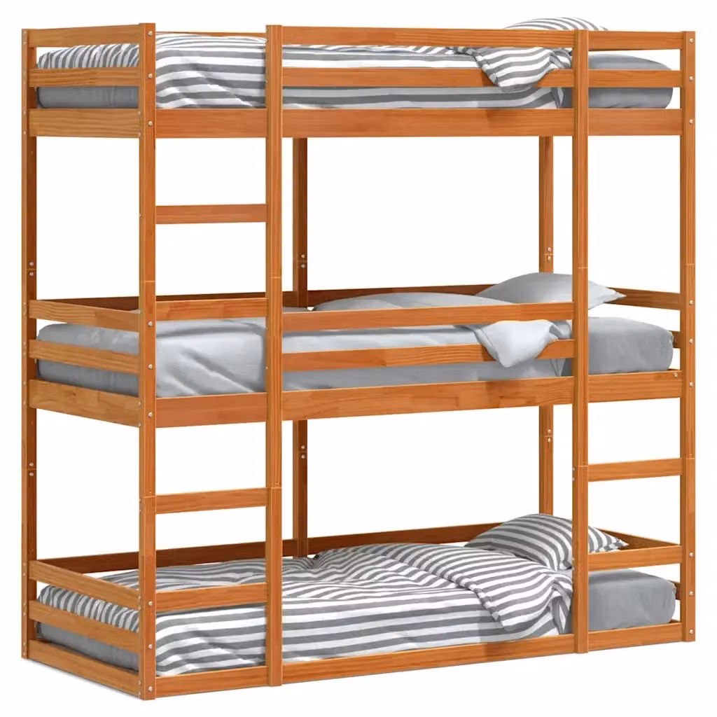 Letto Castello Triplo vidaXL in Legno Massello di Pino, Colore Marrone Cera, L/P/H: 195.5 x 82.5 x 203.0 cm – 2