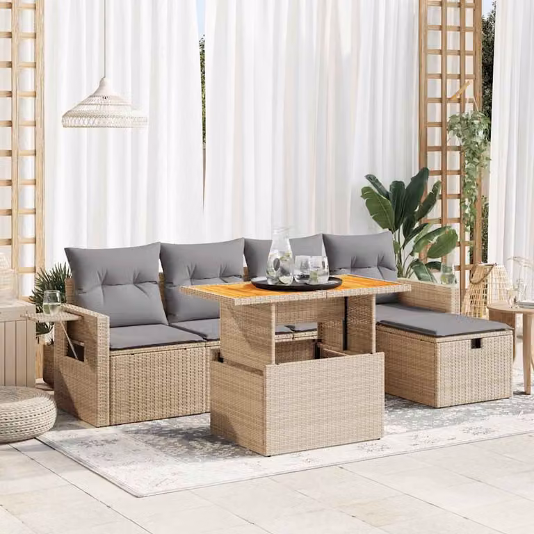Set Divano da Giardino a L vidaXL in Polyrattan e Legno di Acacia con Cuscini Beige e Grigio, 6 Pezzi