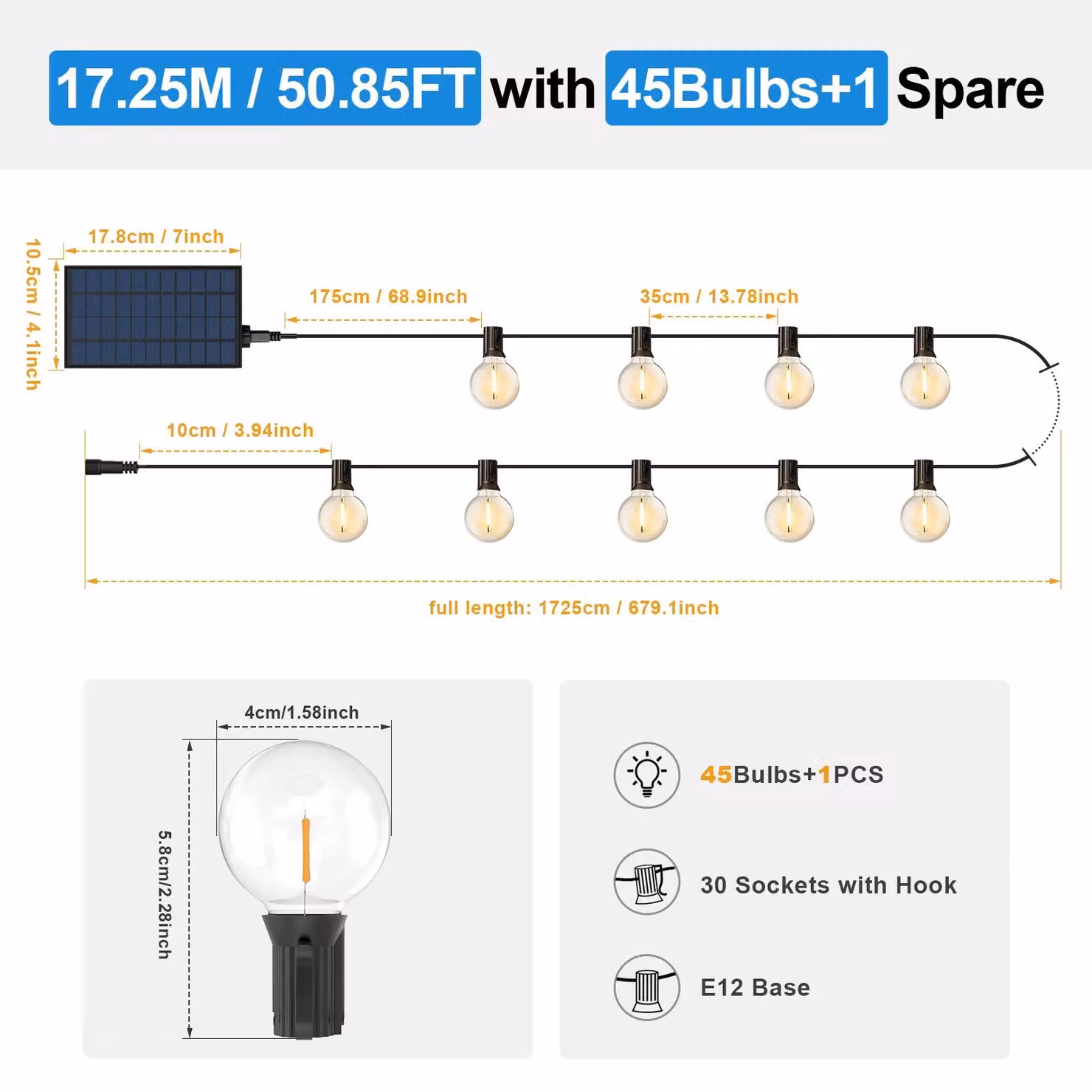 Catena luminosa a LED solare – Per uso esterno – 17,25 metri – 46 lampadine G40 – Telecomando – Dimmerabile – Grado di protezione IP65 (resistente all'acqua)