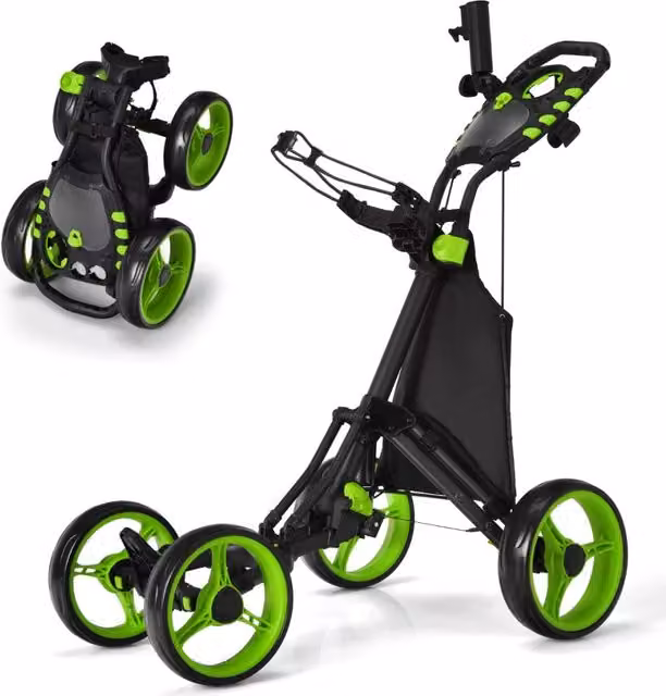 Carrello da golf a spinta e a trazione con borsa impermeabile e freno a pedale, Carrello pieghevole a 4 ruote Verde-Golf