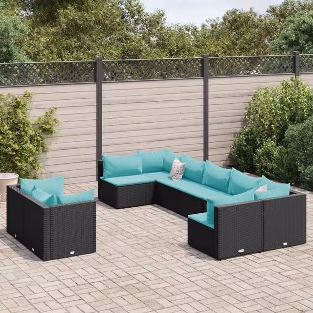 Set Divani da Giardino 9 pz con Cuscini Nero in Polyrattan 3308300