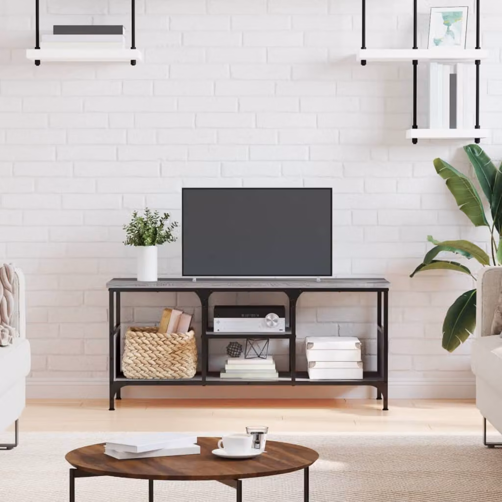 Mobile TV vidaXL in stile industriale in legno multistrato e ferro, Grigio Sonoma, L 100 x P 35 x H 45 cm