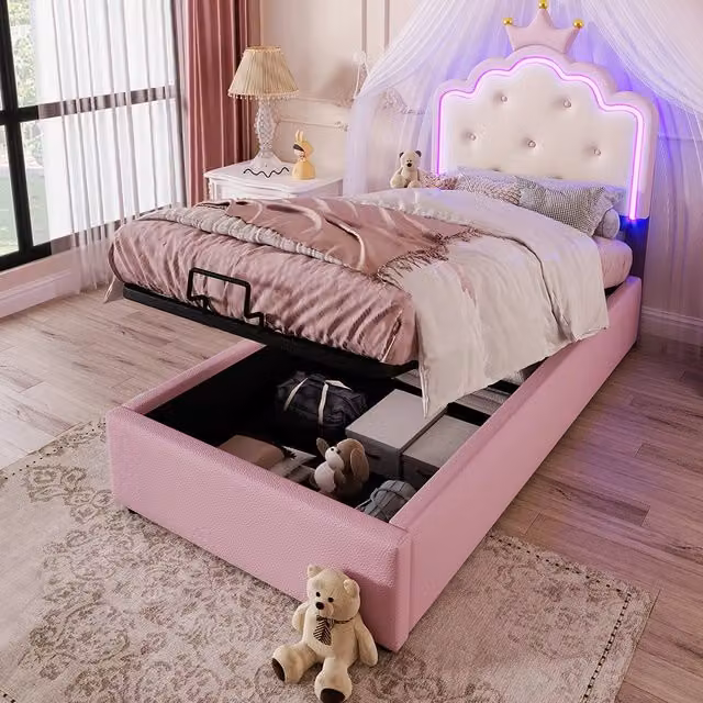 Letto a cassone 90x200 cm - Xylo - Luce LED telecomandata, design principesco, colore rosa