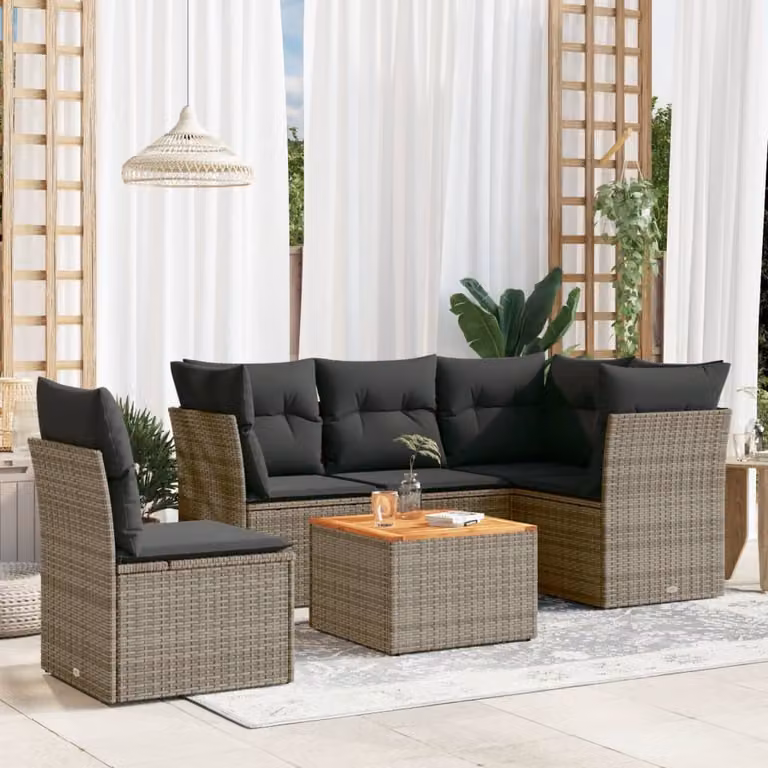 vidaXL Set Divano da Giardino a L 6 pz in Polyrattan Grigio con Cuscini e Tavolino da Caffè